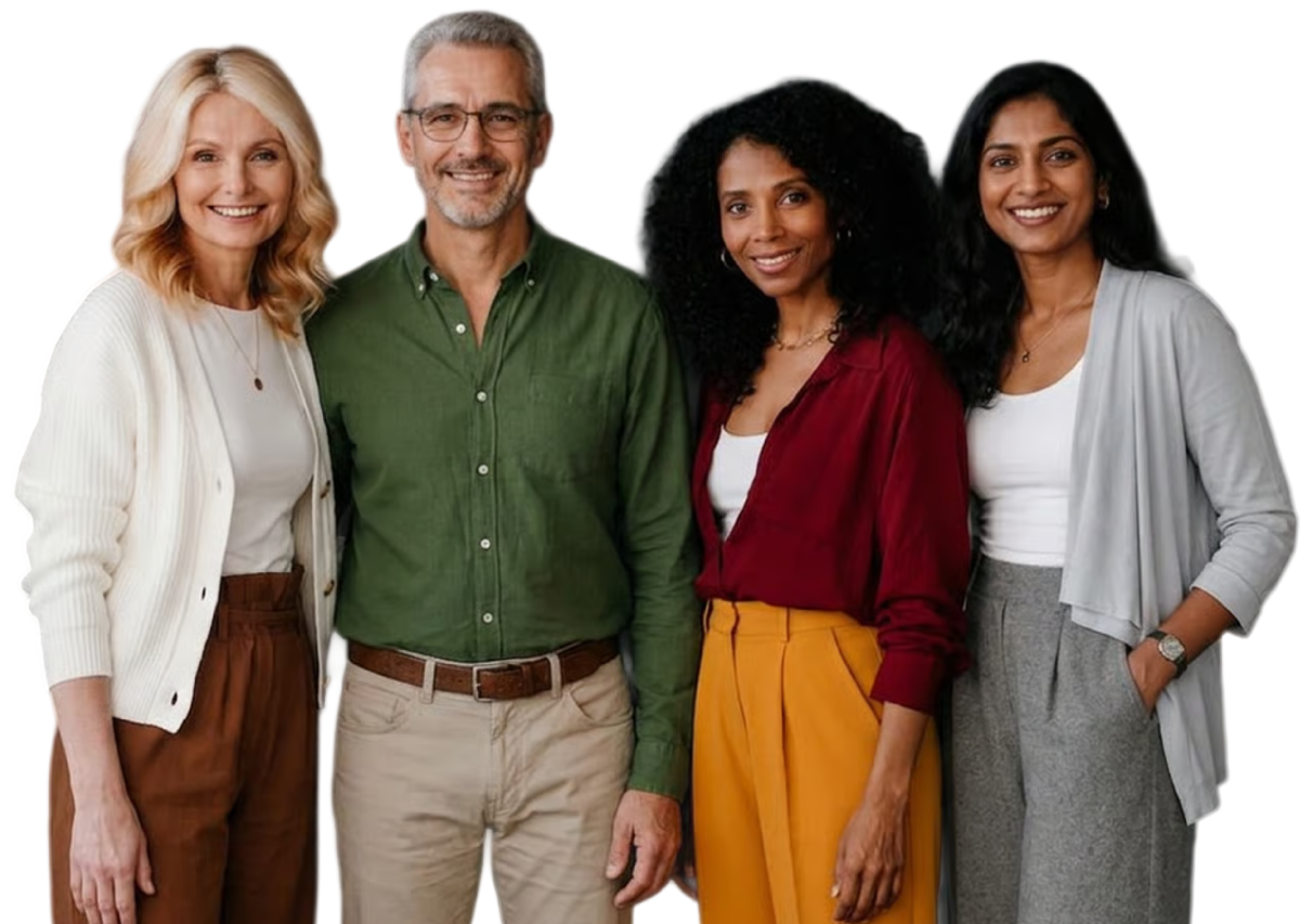 A diverse group of smiling Weigh-Less members